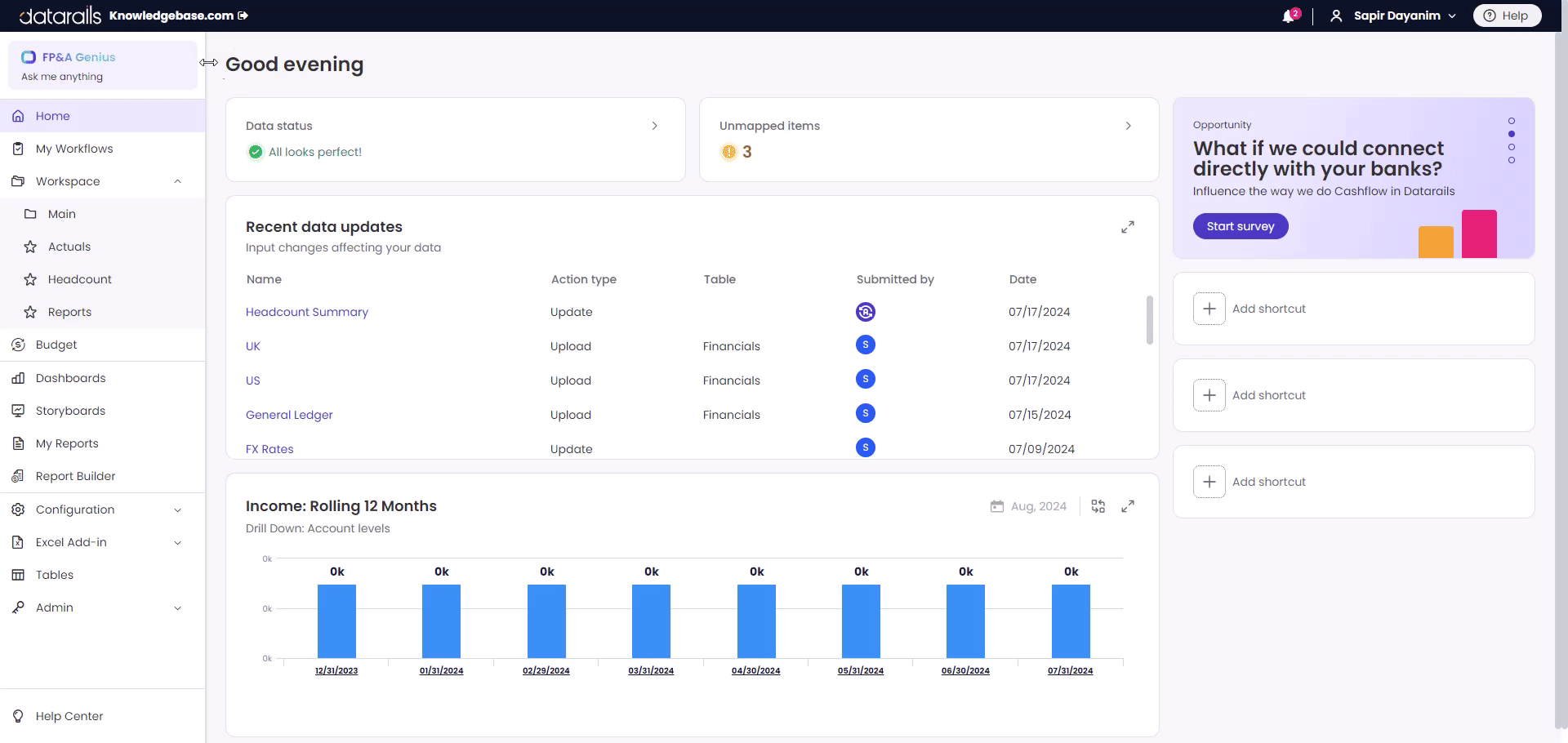 A view of the Datarails Genius product with an AI chat window on the screen