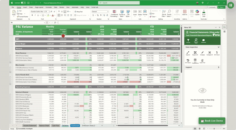  A view of how Vena can update data from your source systems in real time within your Excel reports.
