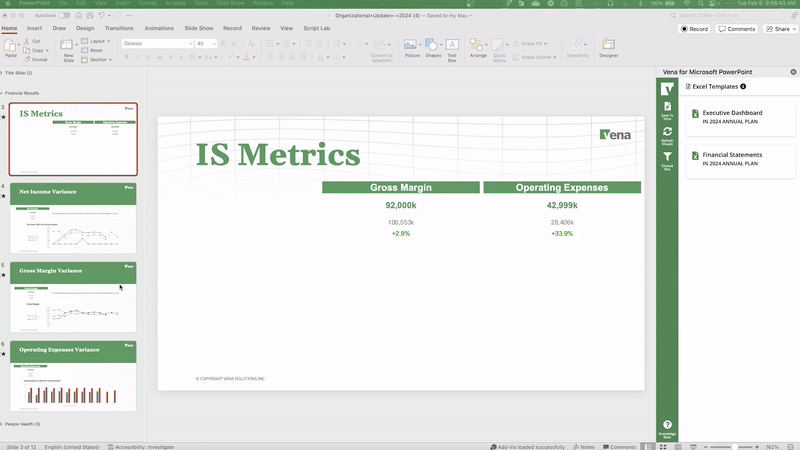 Animated GIF showing how to insert data visualizations from your connected Excel file into a PowerPoint presentation