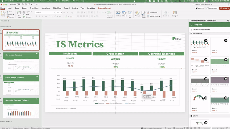 Animated GIF showing how to save a report built with Vena for PowerPoint back to the Vena database