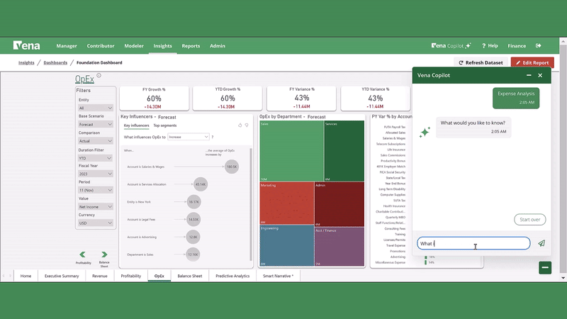 An animated GIF illustrating an example of using Vena Copilot to assess operating expenses broken down by department