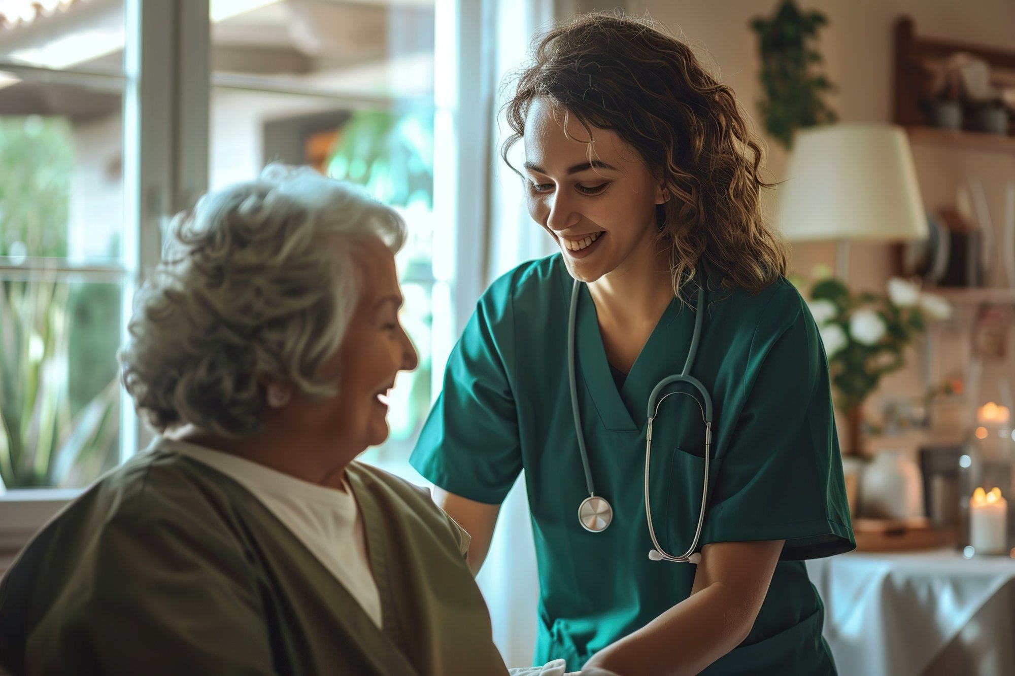 A nurse wearing green scrubs caring for an elderly woman resident at a long-term care home