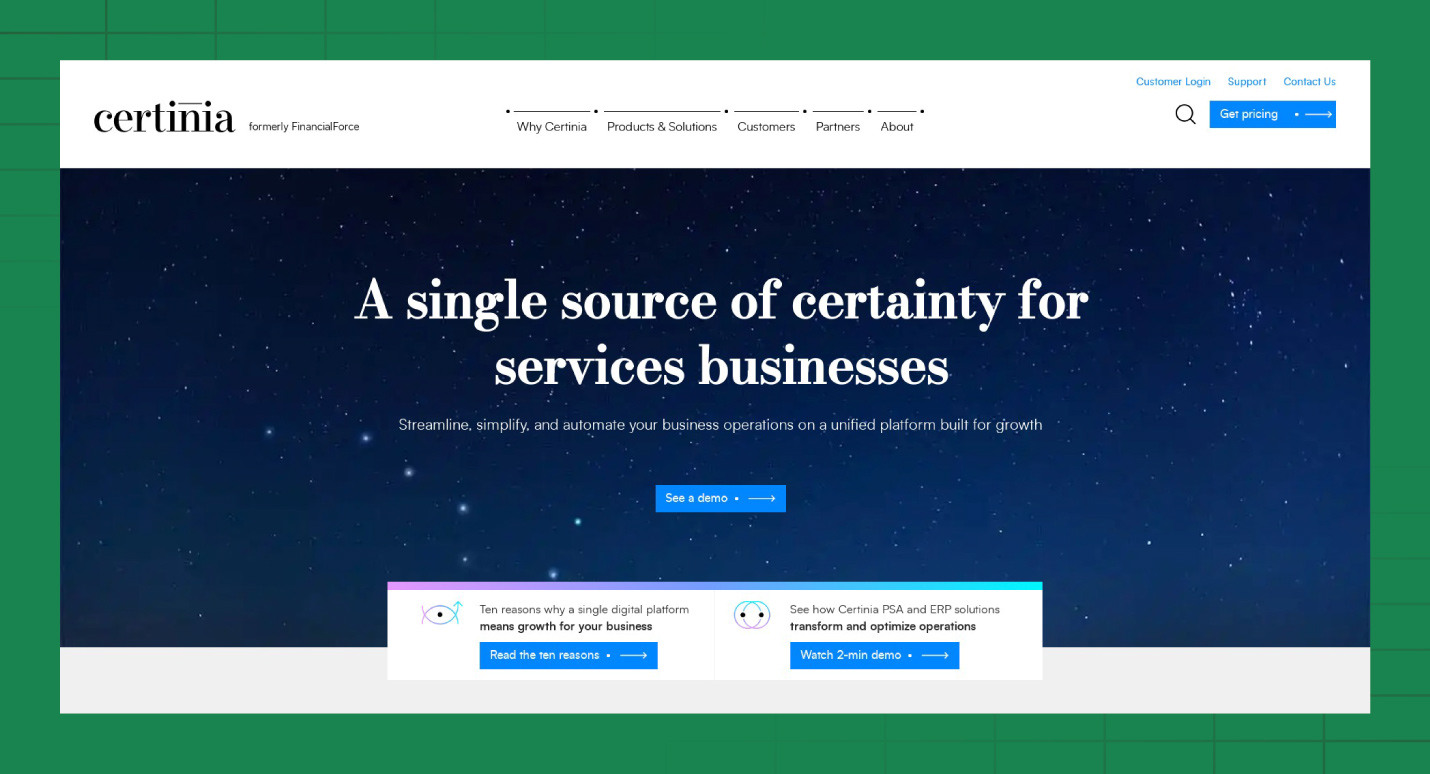 A preview of the Certinia website