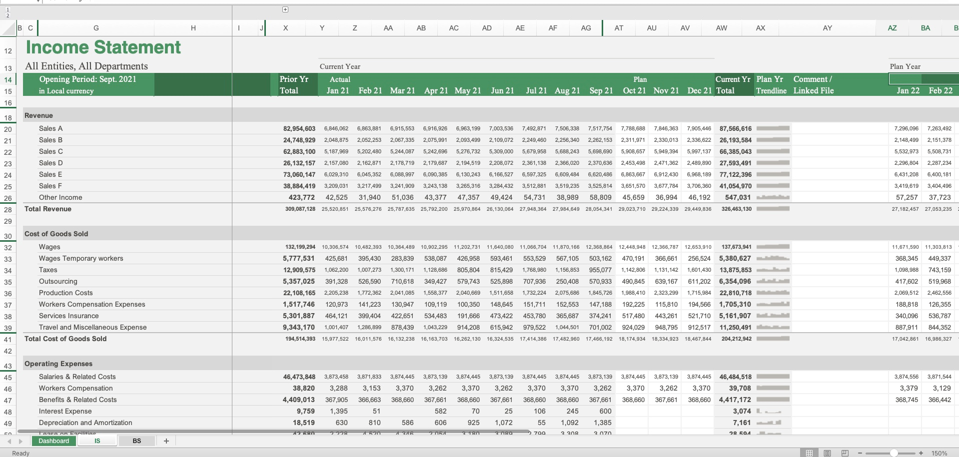 Screenshot of Vena's income statement template