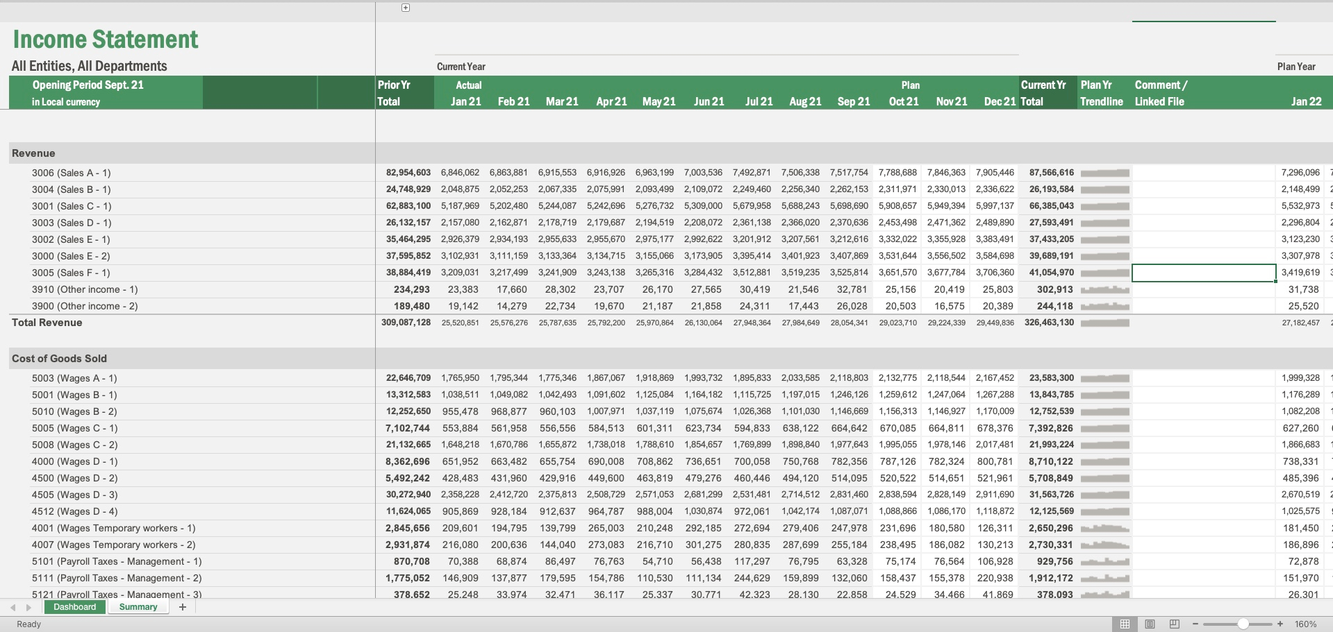 Screenshot of Vena's income statement template
