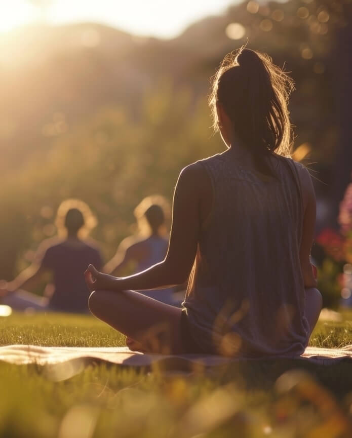 Woman sitting cross-legged on a mat outdoors at sunset, meditating with two blurred people in background