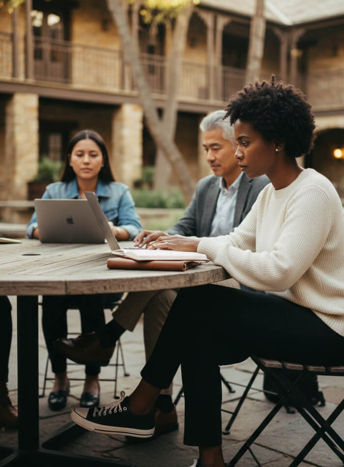 Three coworkers working on laptops at an outdoor table in a courtyard.