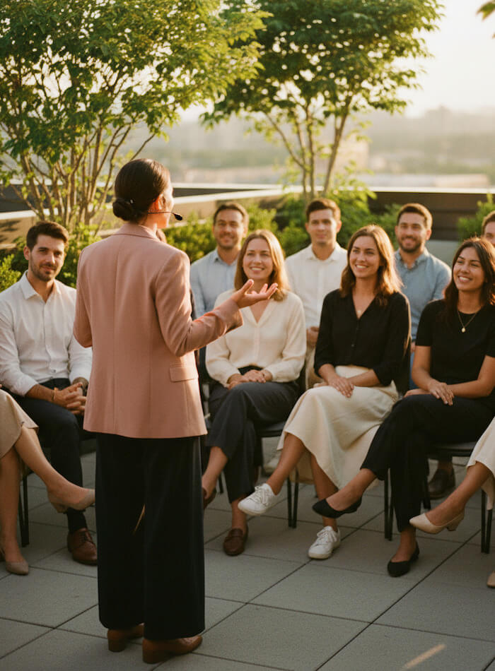 Speaker with headset addressing a seated group outdoors on a sunny rooftop surrounded by trees.