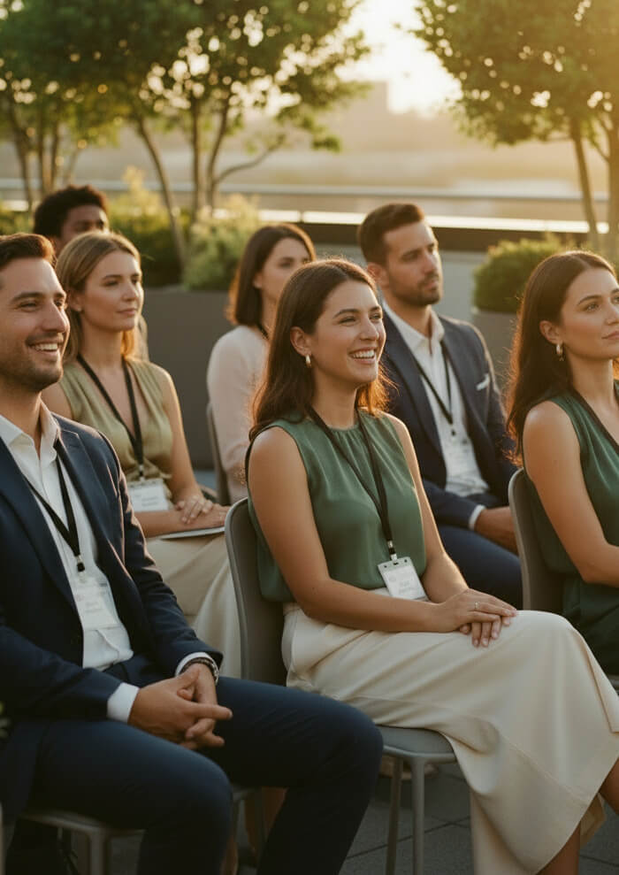 Audience seated outdoors at sunset, wearing name badges and business attire, listening attentively.