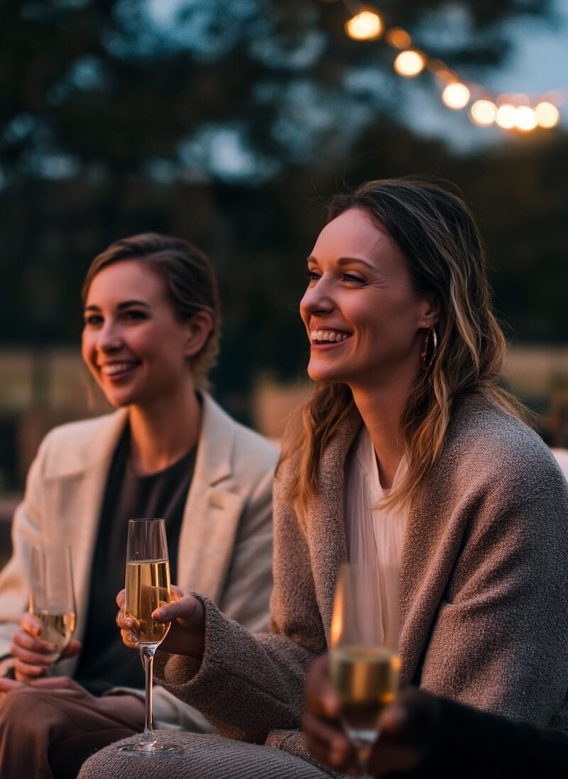 Two women sitting outdoors at dusk, smiling and holding champagne flutes under string lights.