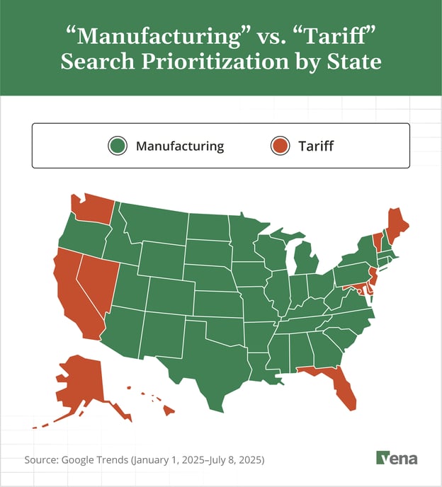 US map showing Google Trends search interest for "tariff" versus "manufacturing" across states. 