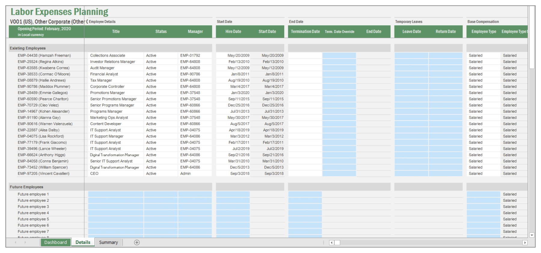 screenshot of vena's labour expenses planning template