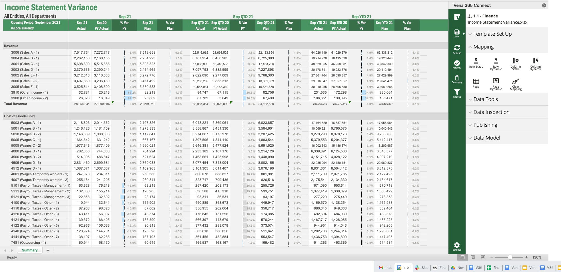 Screenshot of Vena's income statement variance template