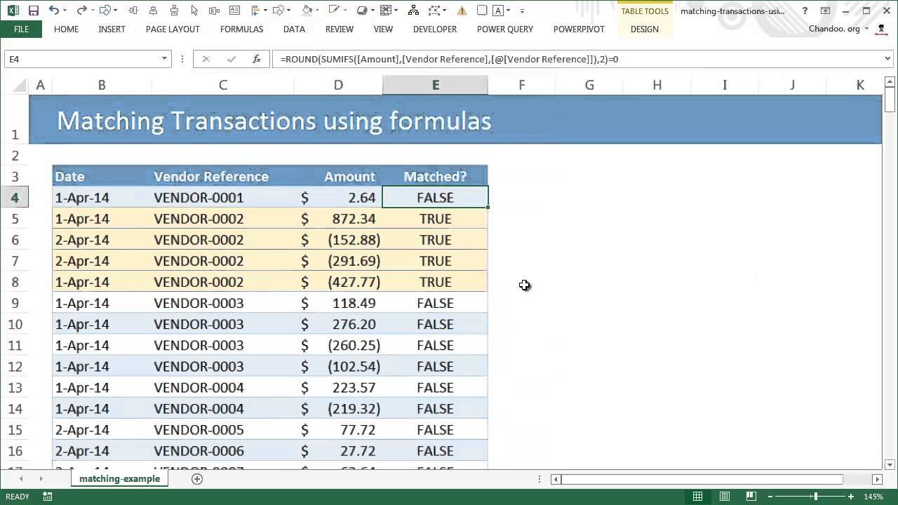 An example of manual transaction matching using formulas in Excel.