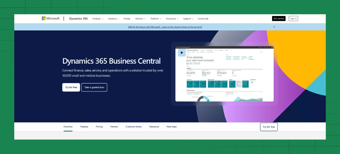A preview of the Microsoft Dynamics 365 Business Central website