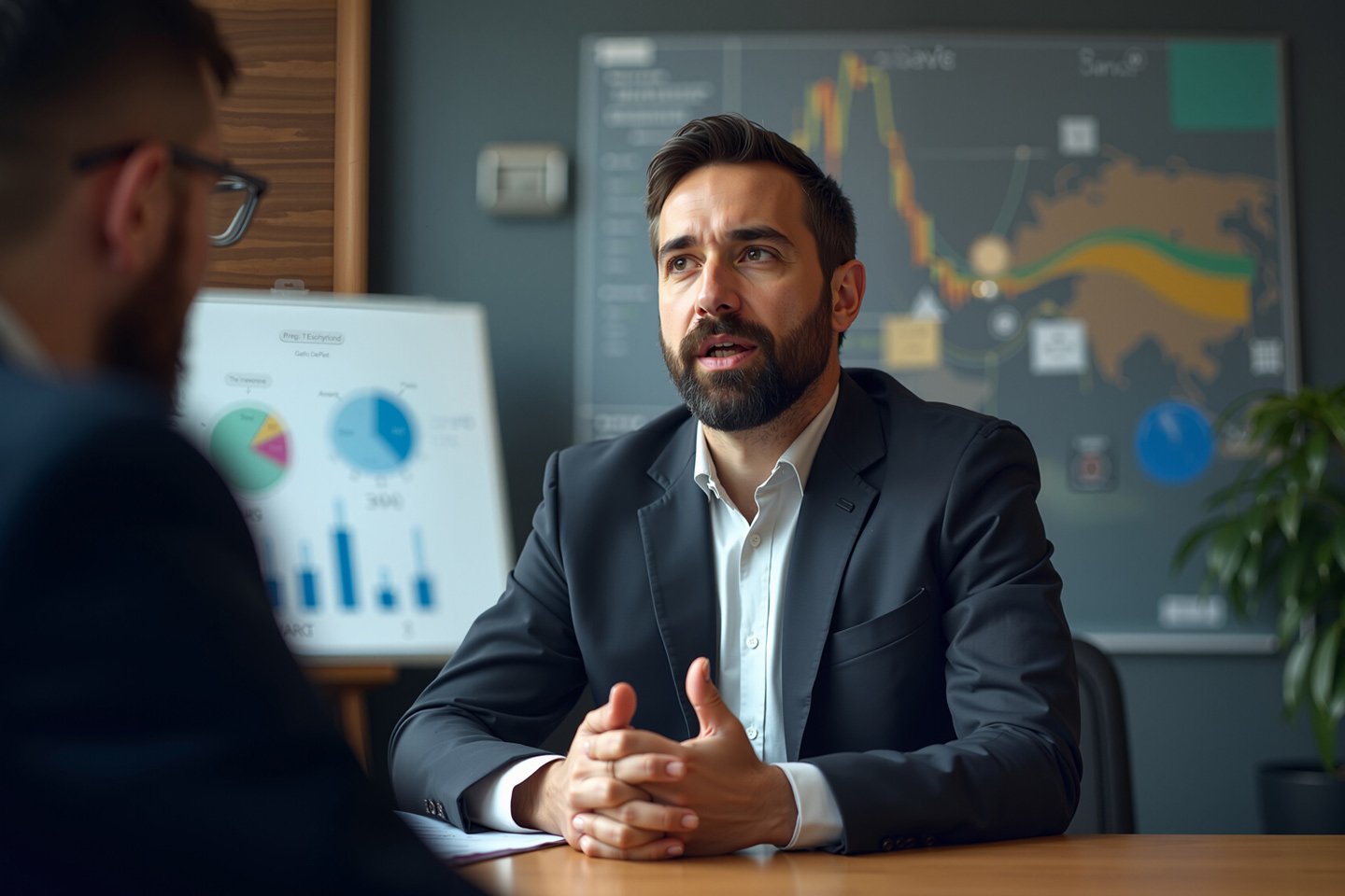 Two men in business suits engage in a discussion, with various business charts in the background behind them