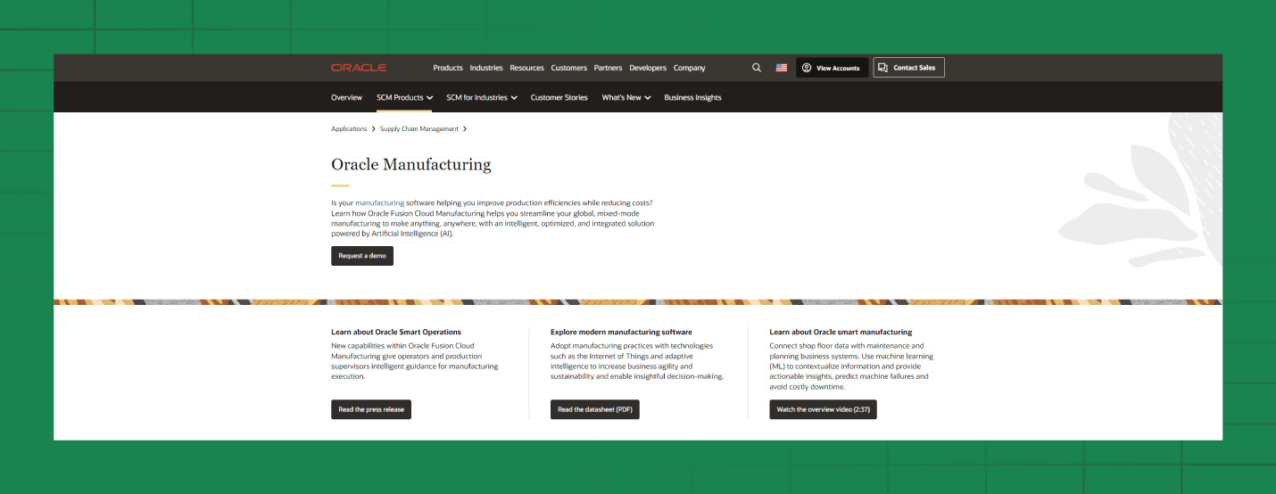 A preview of the Oracle Manufacturing website