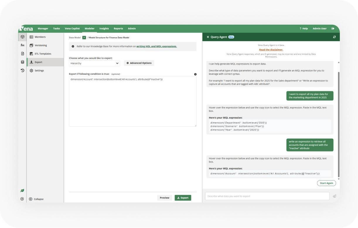 Screenshot of Vena's Query Agent