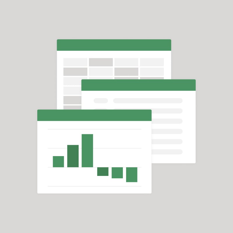 An illustration of three Excel files showing various financial reports