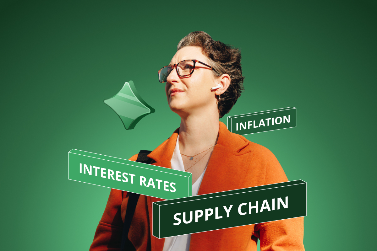 A professional woman wearing an orange blazer surrounded by the words 