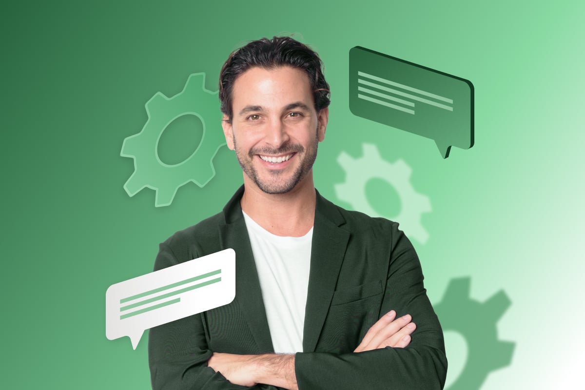 A man wearing a green suit smiles brightly, set against a solid green background with illustrations of gears and speech bubbles, representing the technical and soft skills possessed by FP&A professionals.