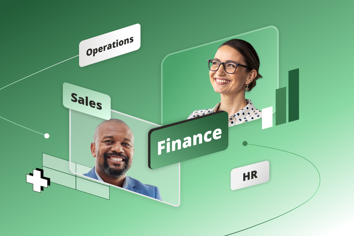 Finance team collaborating with HR, Sales, and Operations, with floating spreadsheet and chart icons.