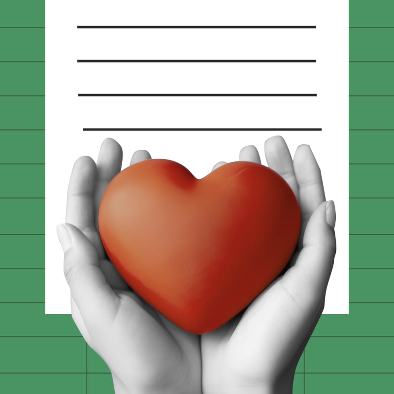 An illustration of two hands held together with the palms facing up and holding a heart, with a document in the background