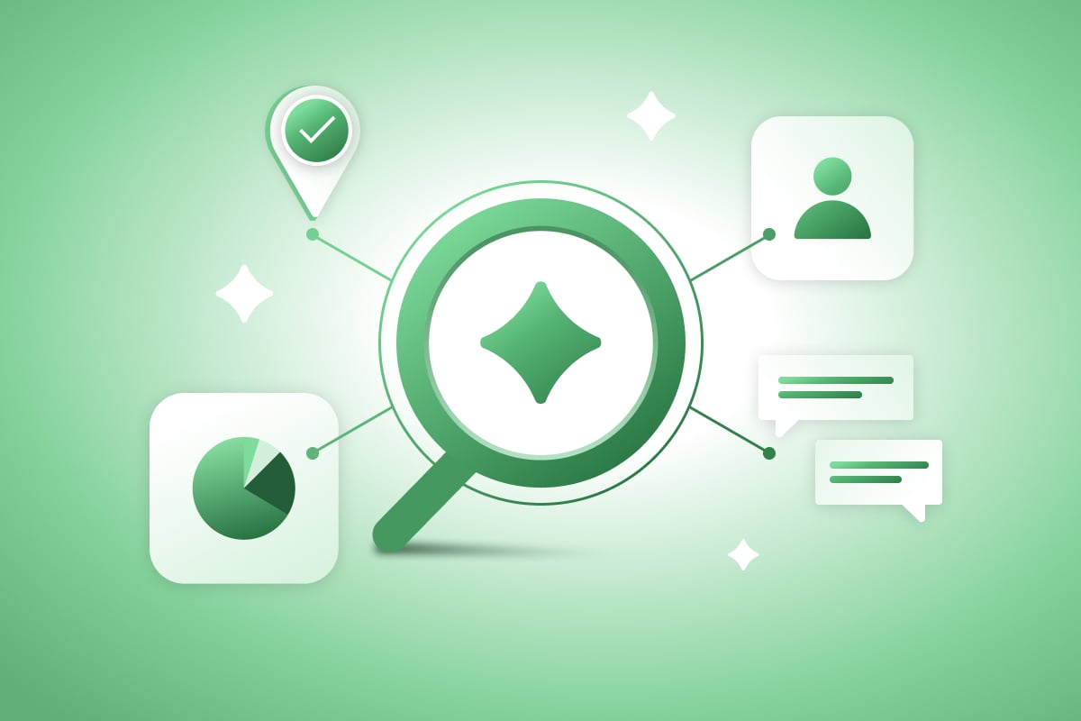 An illustration of a magnifying glass surrounded by finance related icons, representing the process of researching AI tools for procurement