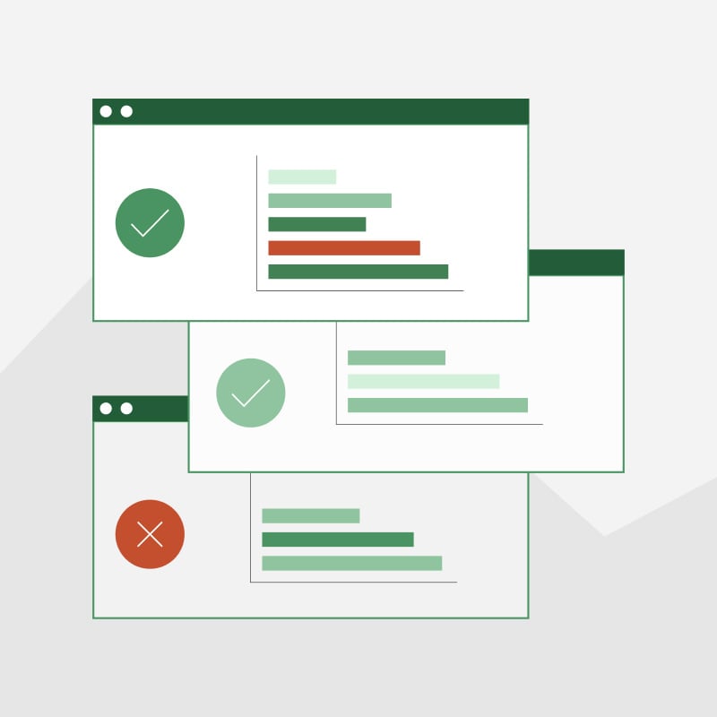 An illustration of three web browser windows with bar charts and check mark and 