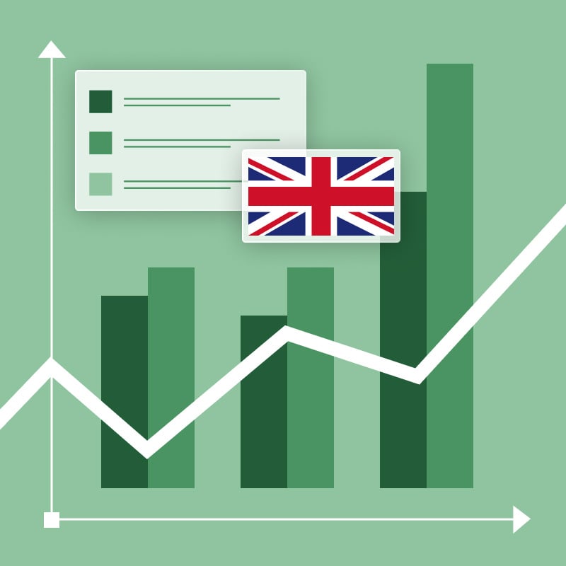 An illustration of a bar chart with an upward line running through it, with a British flag