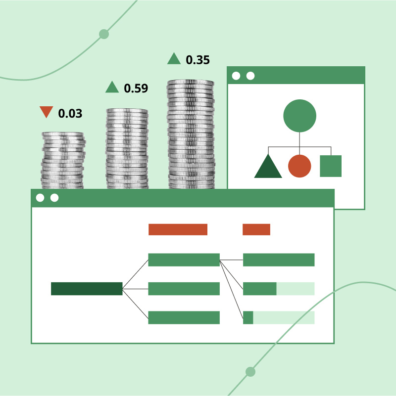 An illustration of two open web browser windows displaying financial charts, with three stacks of coins on top of one of the windows