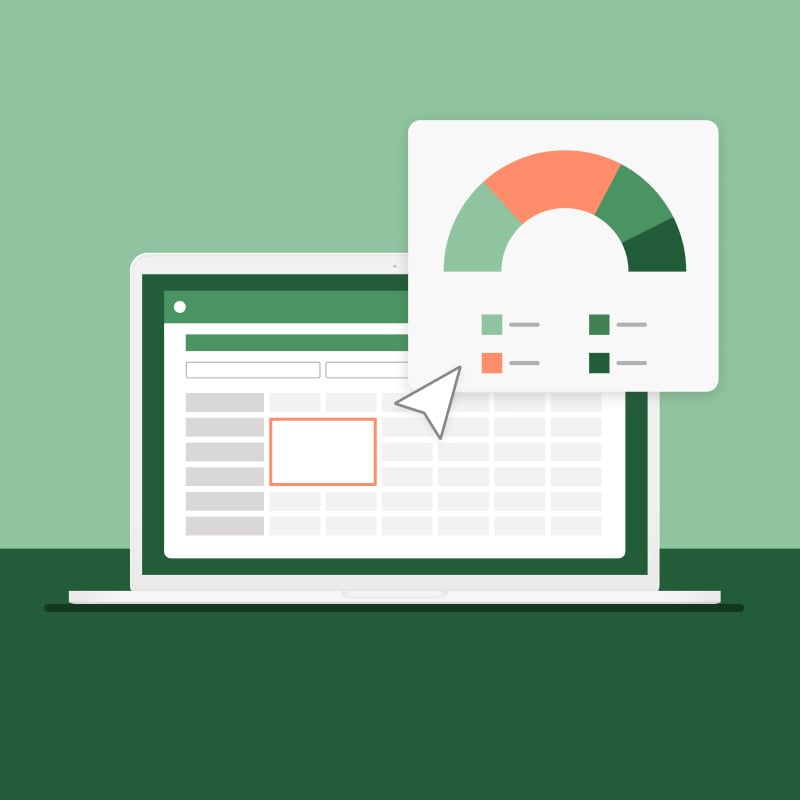 An illustration of Microsoft Excel open on a laptop, with a highlighted box containing a colorful half circle chart