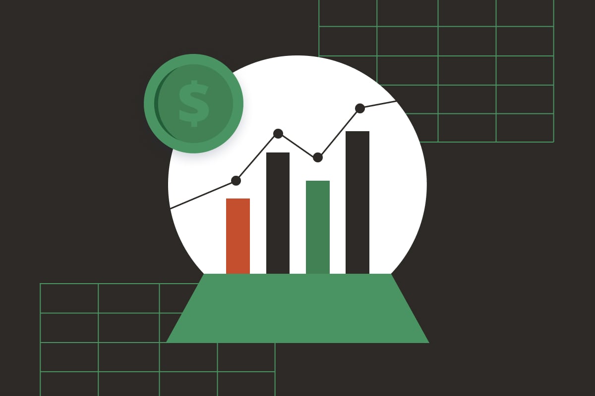 An illustration of a crystal ball with a line chart and bar chart inside of it, with a coin next to it