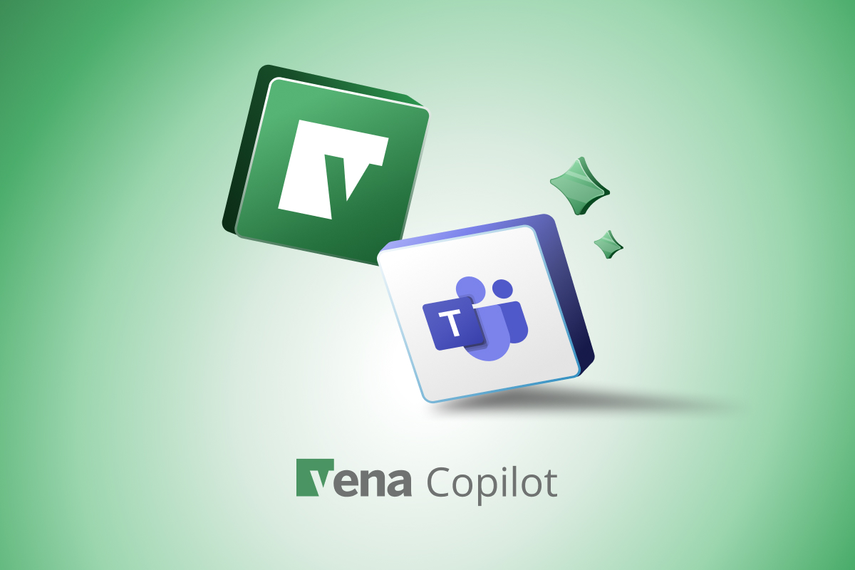 Vena and Microsoft Teams icons collide with AI elements swirling around them. Vena Copilot logo is displayed at the bottom.