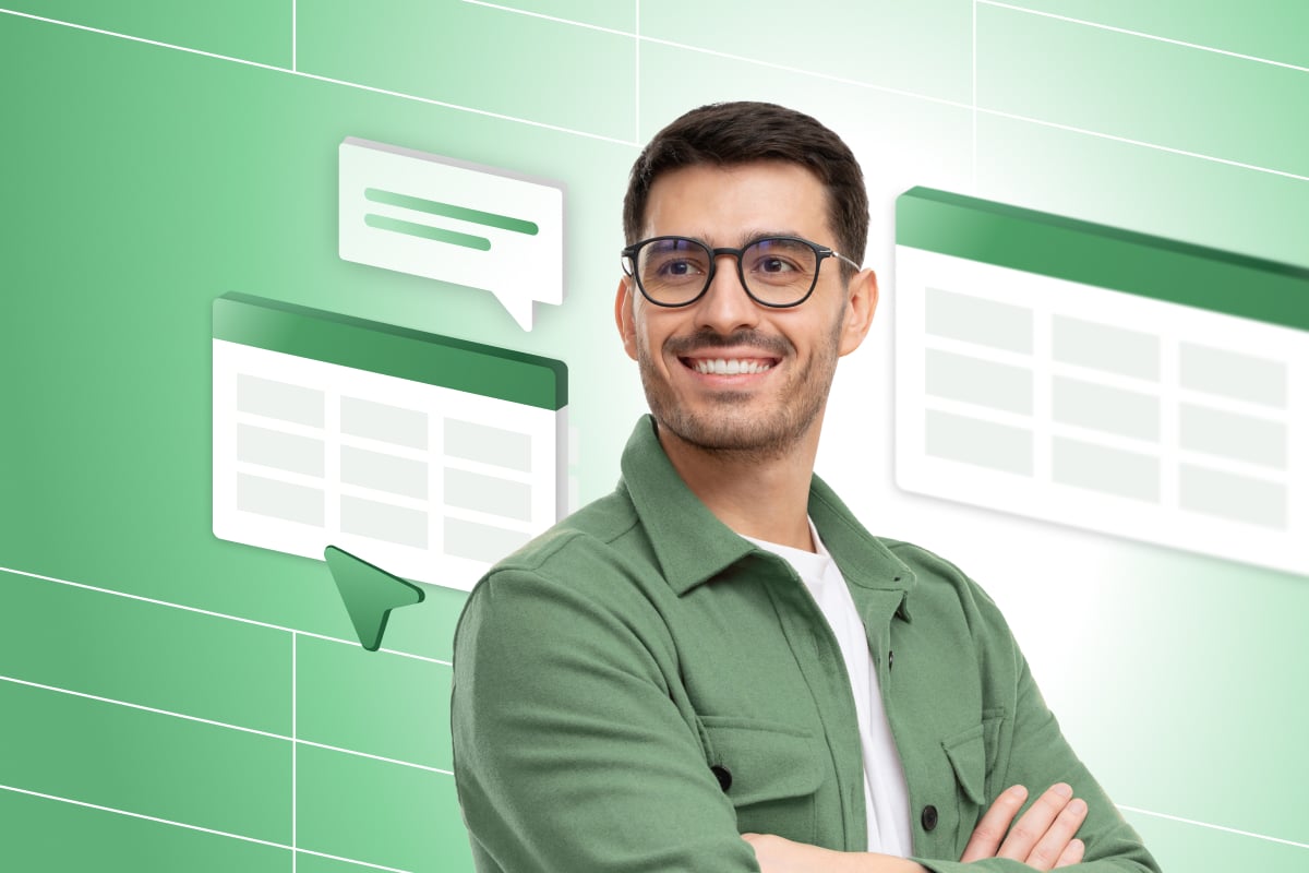 A man wearing glasses and a green shirt stands against a backdrop of spreadsheets.