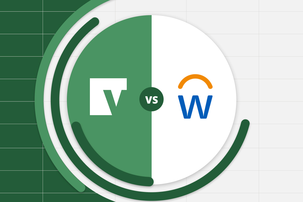 Vena vs Workday Adaptive Planning logo, placed in the middle of a financial chart with Excel grid in the background.