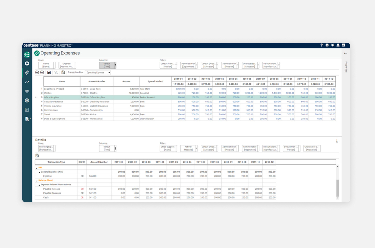 A screenshot of operating expenses in Centage