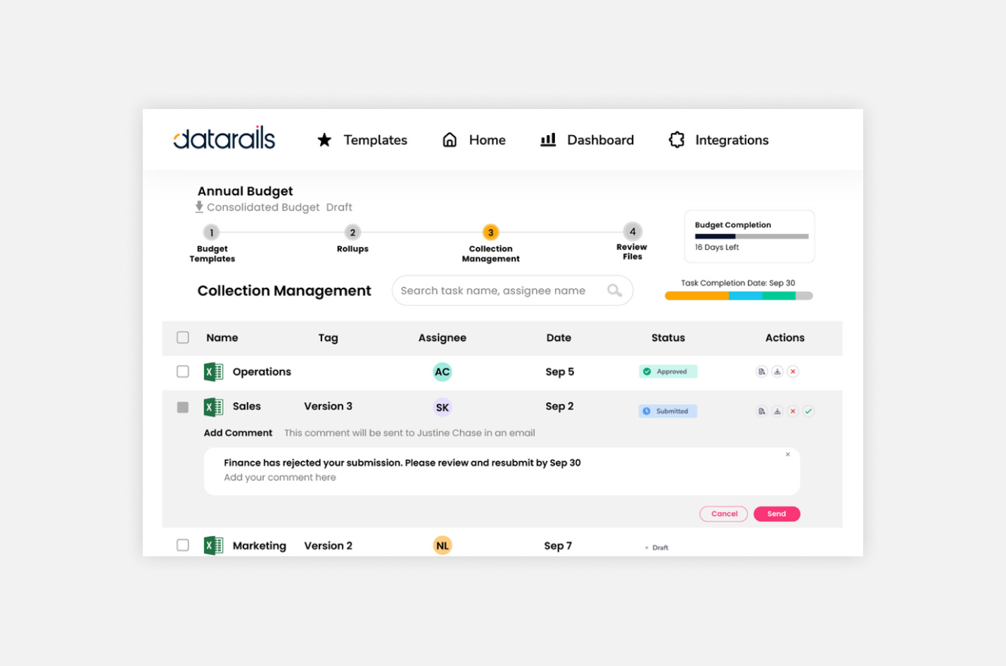 An screenshot of annual budget in Datarails