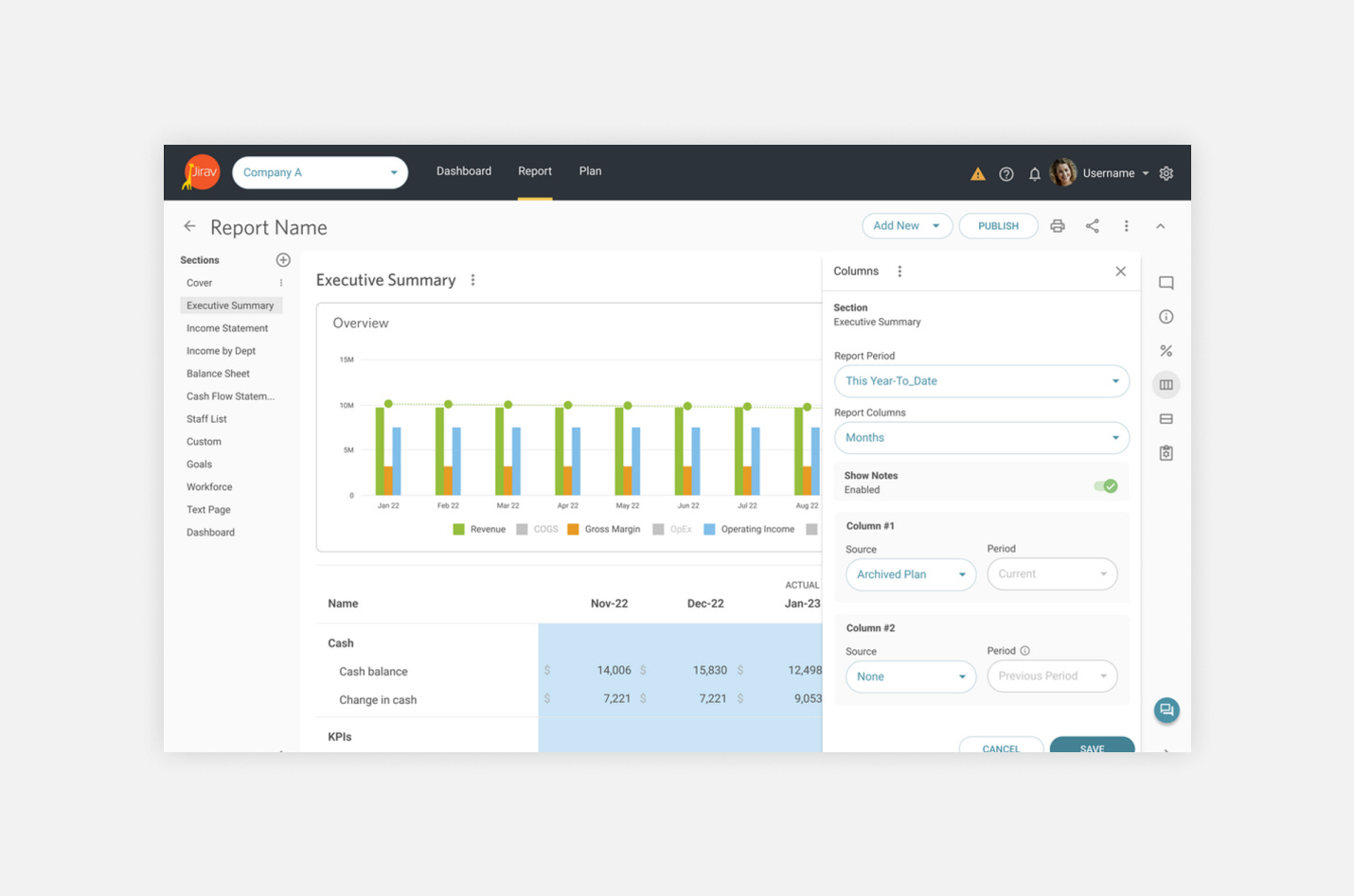An screenshot of executive summary in Jirav
