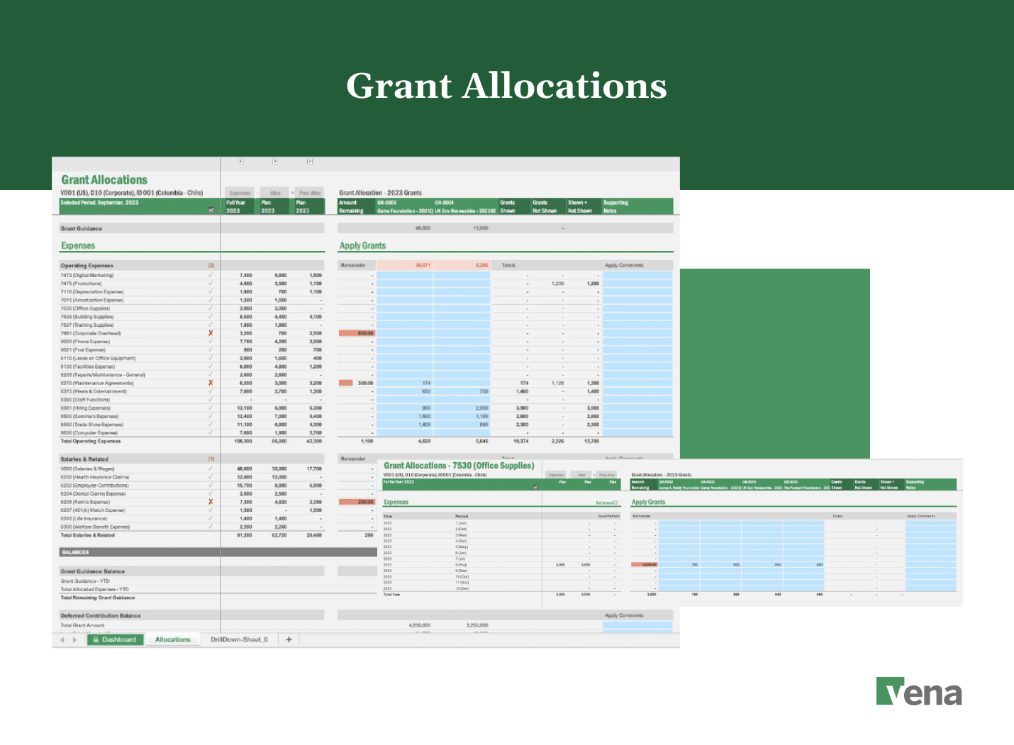 Examples of grant allocation reports created with Vena