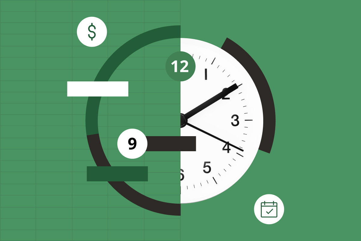 An illustration of half a clock and half an excel grid. Around the clock are circles with numbers, an icon of a dollar sign, and an icon of a calendar