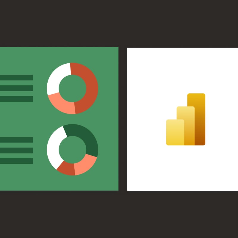 A graphic with two red, white and green donut charts on the left and Microsoft's Power BI logo on the right