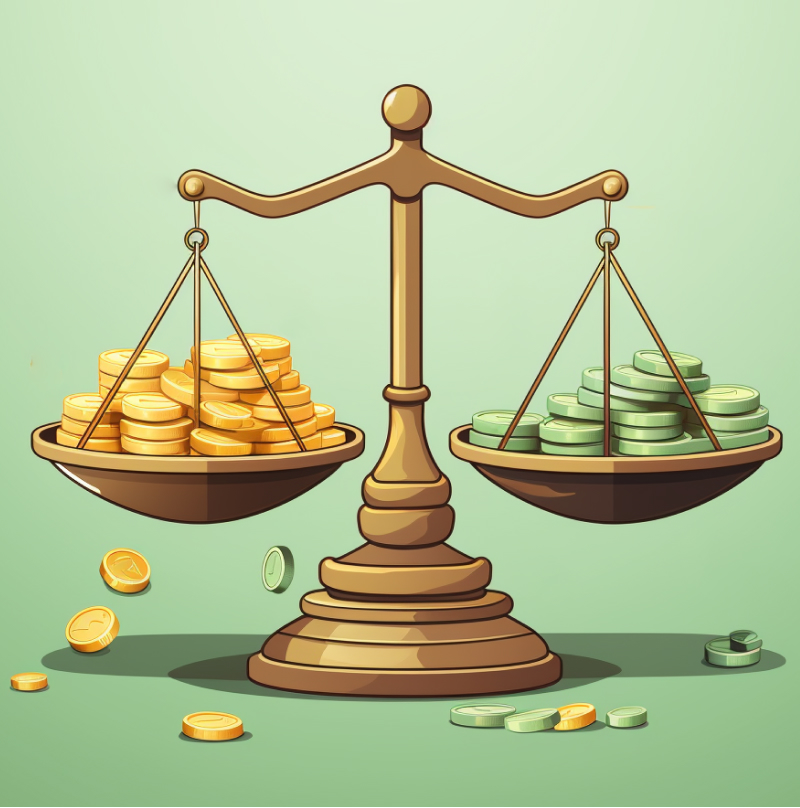 A scale balancing yellow and green coins, set against a light green backdrop