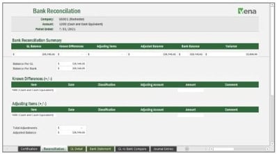 Image of Vena's bank reconciliation dashboard.