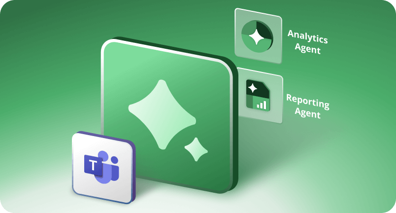 Green-themed digital illustration featuring analytics and reporting agent icons beside a Microsoft Teams logo.