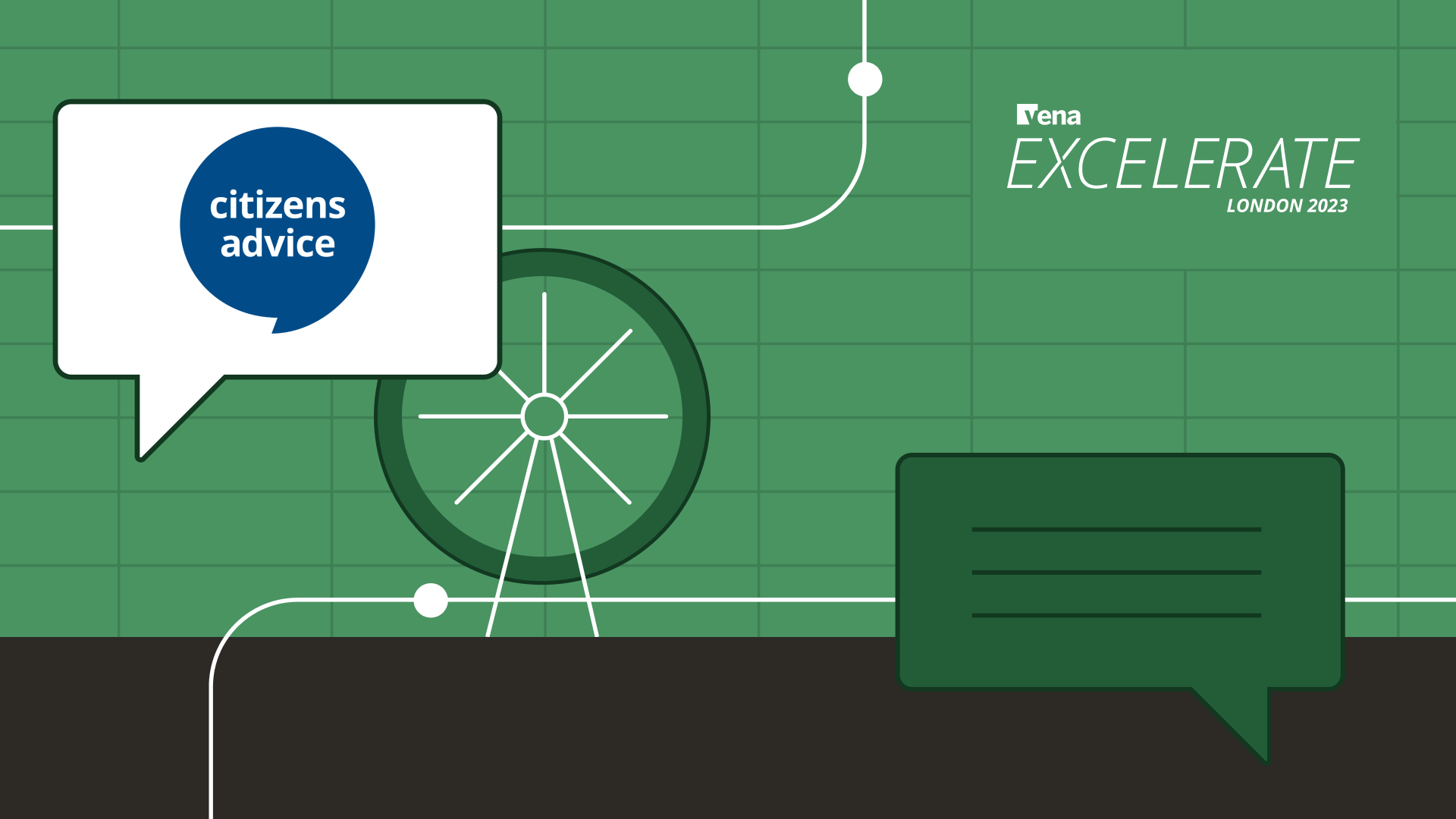 Two speech bubbles, one with the Citizens Advice logo, on a green background, with a graphic of the London Eye
