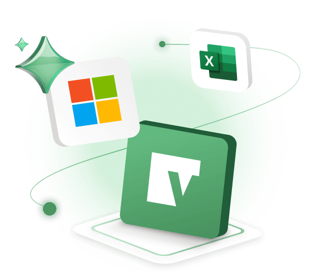 Microsoft and Excel icons orbit a green Vena logo, with sparkles and swooshing lines.