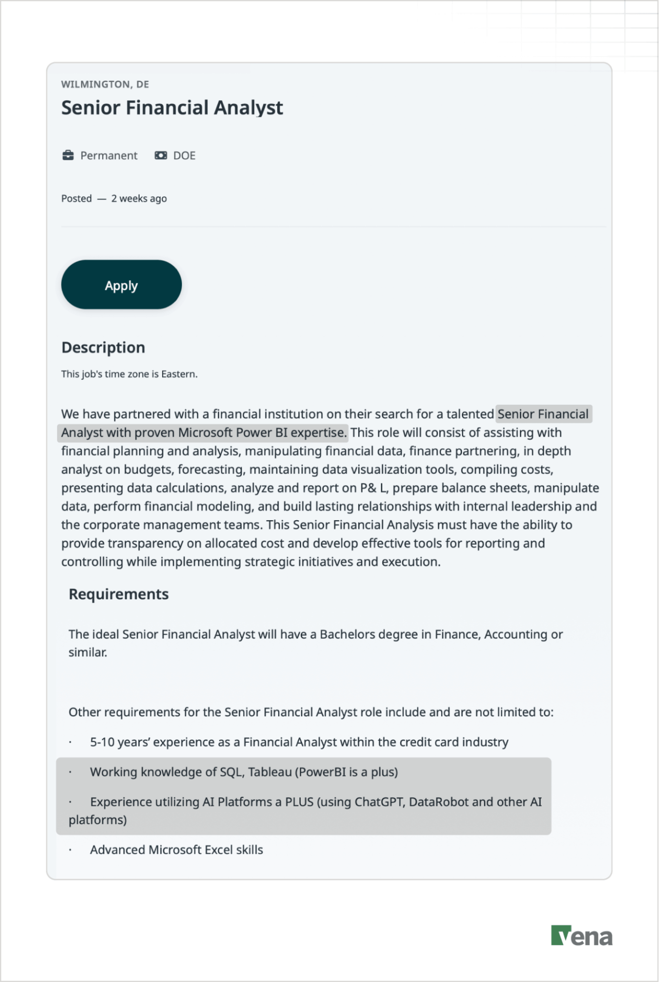 An example of a job description for a Senior Financial Analyst position highlighting experience with AI platforms