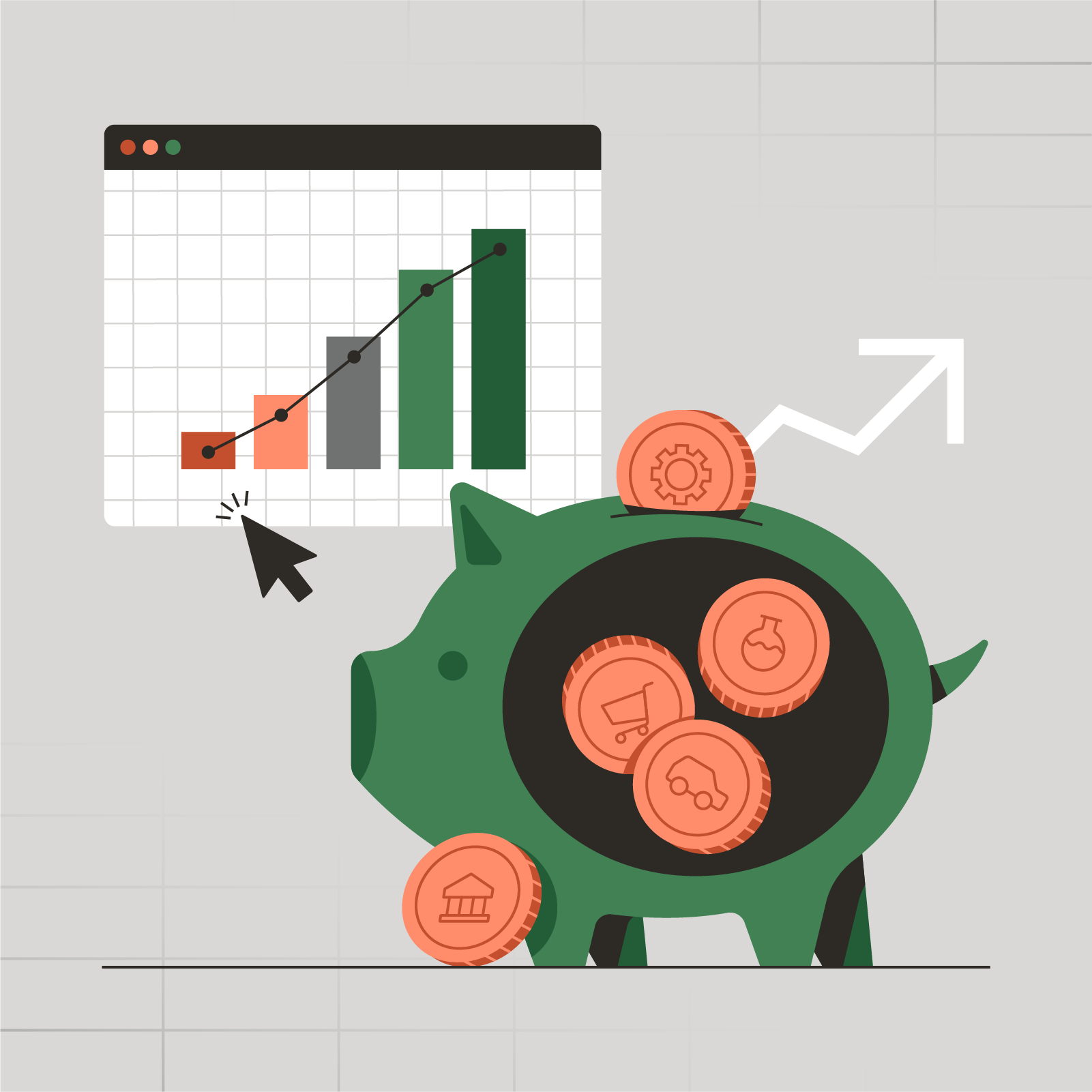 An illustration of a green piggy bank with coins inside it, with a bar chart behind it