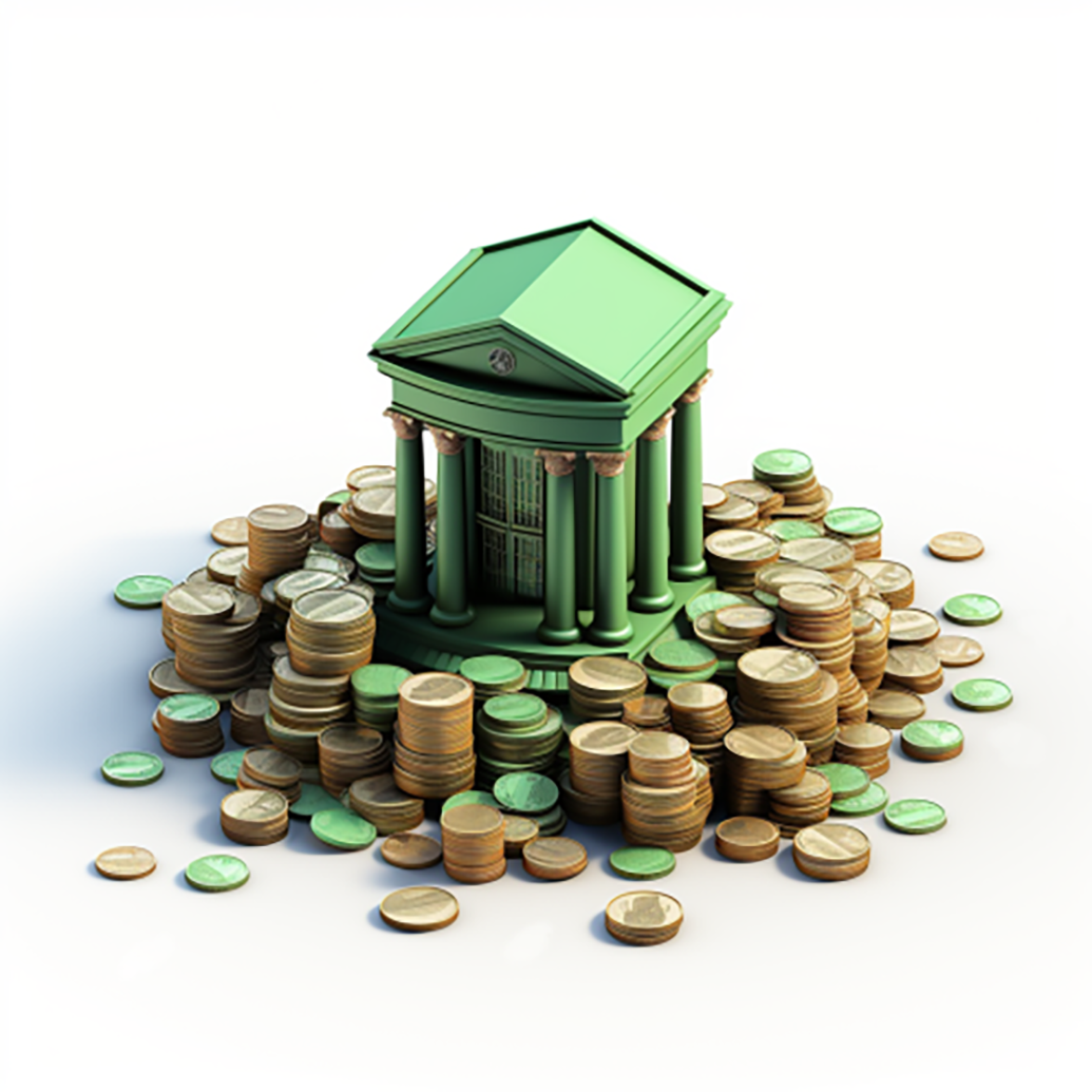 A tiny bank with stacks of coins around it